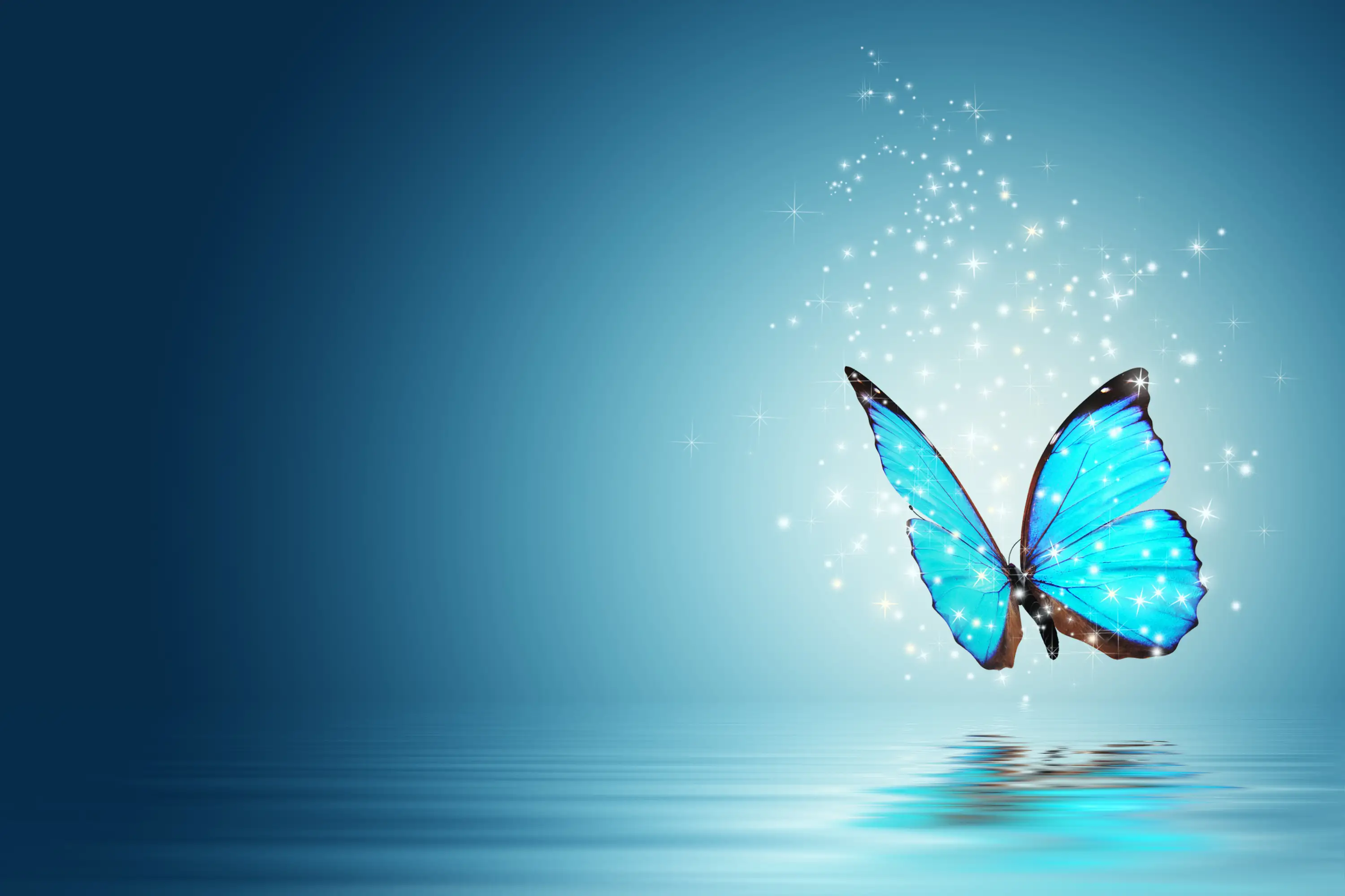 A luminous butterfly rising over still water